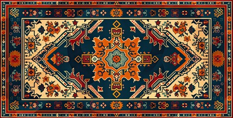 Vibrant traditional turkish persian carpet rug design with abstract ornaments.
