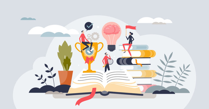 Personal growth and learning for intelligence development tiny person concept. Self improvement with education and book reading vector illustration. Academic training to expand your mind horizon.