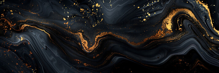 A black marble background with golden ink patterns, reflecting light and creating a sense of luxury and modern artistry