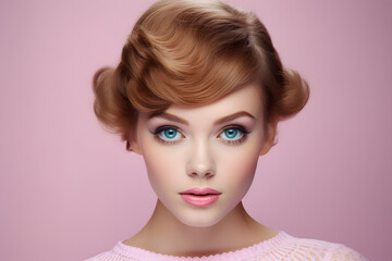 Young woman with red hair in retro hairstyle and makeup in front of pastel background