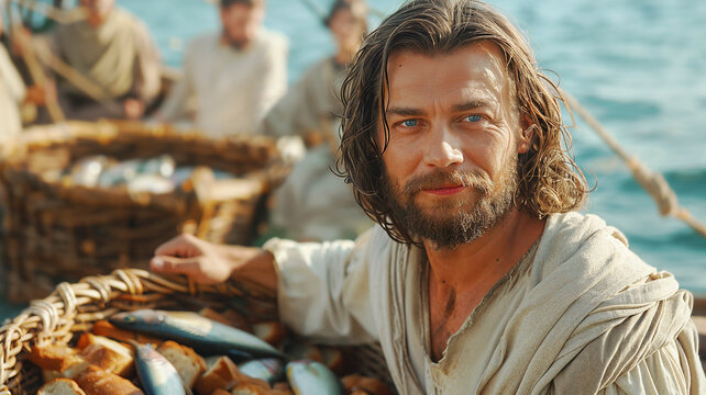 An inspiring depiction of the biblical Peter with a basket of fish and loaves, symbolizing faith and providence.