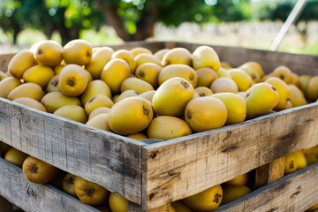 Sunlit wooden crate filled with yellow kiwi fruit at an orchard in New Zealand