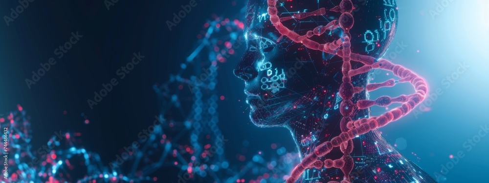Poster a detailed 3d rendering of a dna molecule against a black background. the molecule is depicted in a 