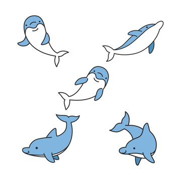 Dolphin icons set. Vector illustration in blue and white colors.