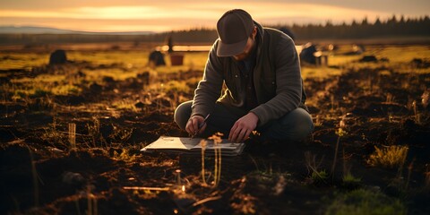 A person collecting soil samples for farm analysis and evaluation. Concept Agricultural Soil Testing, Farming Research, Soil Sampling Techniques, Field Data Collection, Agronomy Analysis