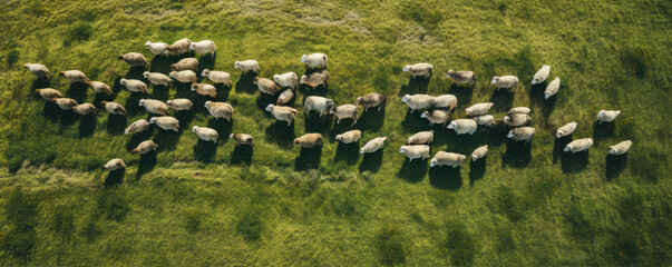 A herd of sheeps from top view. Many sheeps on green field farm.