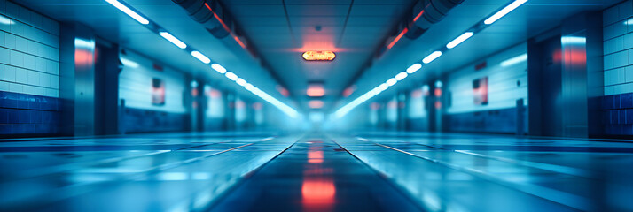 An empty corridor whispers mysteries, its modern architecture bathed in light, guiding through a tunnel of infinite possibilities