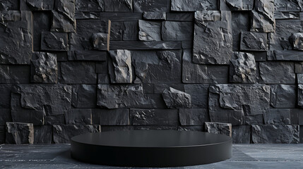A black podium against a stone background, a sleek and sophisticated stage for presenting products with a touch of abstract elegance. 