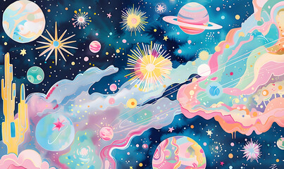 tempura gouache art print on paper, cosmic planets and galaxy of stars, Generative AI - obrazy, fototapety, plakaty