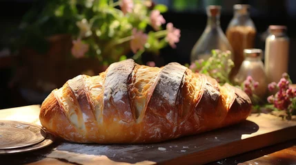 Photo sur Plexiglas Pain baked bread on wooden table