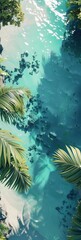 Fototapeta na wymiar Untouched Tropical Scene with Leaves in the Style of Vintage Poster Design - Turquoise 3D Seascape cracked Bird Eye View Background created with Generative AI Technology