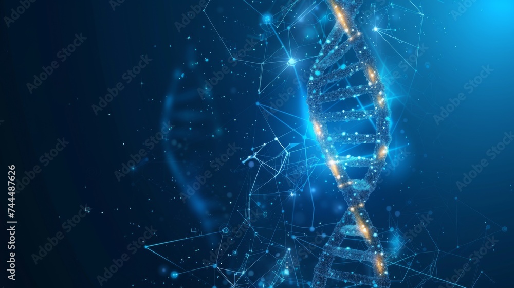 Poster a detailed 3d rendering of a dna molecule against a black background. the molecule is depicted in a 