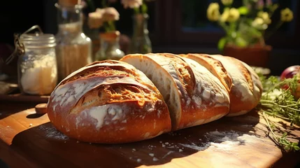 Selbstklebende Fototapeten baked bread on wooden table © Nastassia