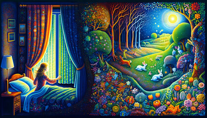 a girl opening the curtains in her dark room to reveal a vibrant, fairytale world outside, with a stark contrast between the dark interior and the colorful exterior