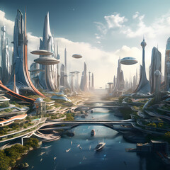A futuristic city with floating buildings 