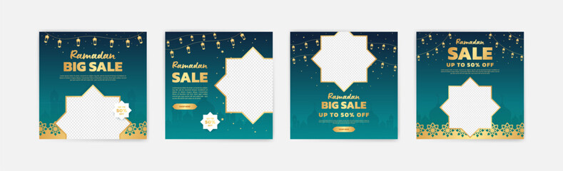 Exclusive promotional Ramadan banner decorated with lanterns, star motifs and pictures of mosques, enhanced with an attractive touch of gold