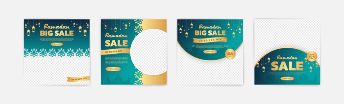 Exclusive banners for Ramadan feature lantern decorations, star motifs, and illustrations of mosques with a seductive gold touch, inspiring consumers to shop