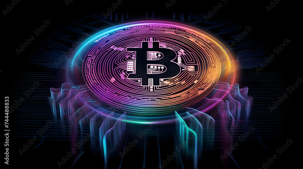 Poster a bitcoin coin on a black background with colorful colors surrounding it