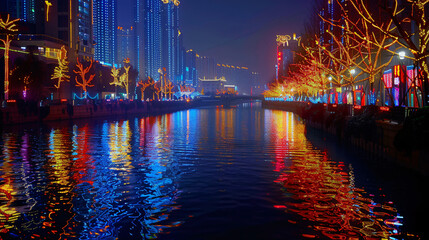 Illuminated Haihe River scenery, Tianjin, China.