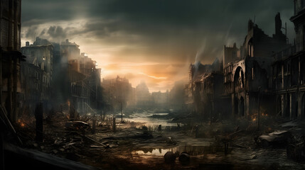  a city has been damaged to an extreme state as a result of the apocalypse - obrazy, fototapety, plakaty