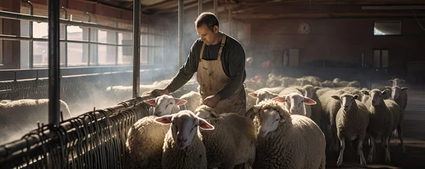 Fotobehang Shepherd standing by sheep in sheeps farm. Breeder ready for milking. © amazingfotommm