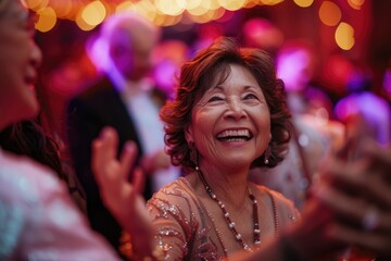 Radiant Joy: The Heart of the Party. An older woman laughs joyfully at a vibrant event, surrounded by guests and soft glowing lights.