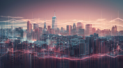  a city in front of an expanding skyline and financial market