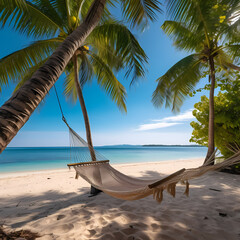 A tranquil beach with palm trees and hammocks