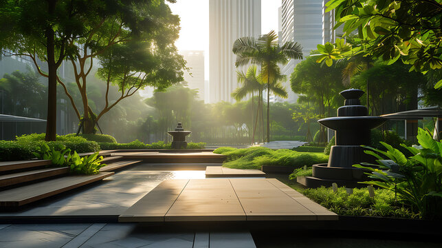 A blend of nature and cityscape with a podium, illustrating the harmonious coexistence of urban and natural elements
