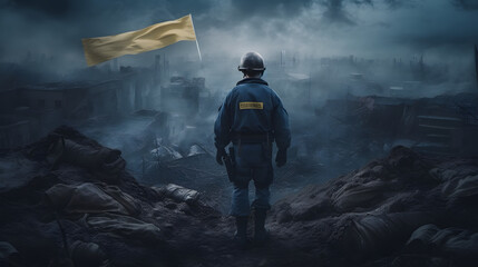 Obraz premium an army soldier looking at the Ukraine flag