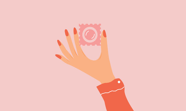 Female hands holding a condom. Contraception and birth control methods concept. Condom for safe sex. Vector flat style illustration.