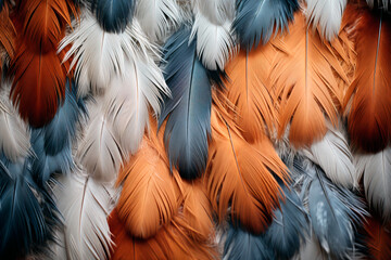 Beautiful feathers of different colors close-up, background, pattern