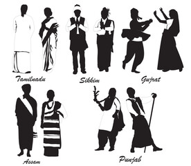 silhouettes of different traditional dress indian