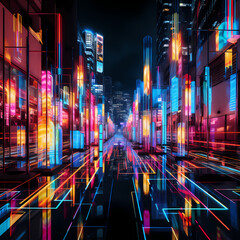 Abstract patterns created by neon lights in a city
