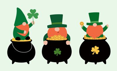 St. Patrick's Day. Happy gnome with a pot of gold coins.