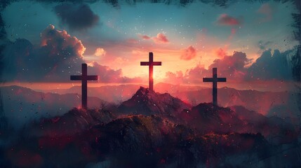 Three Crosses on a Mountaintop at Sunset - Religious Concept Art - obrazy, fototapety, plakaty