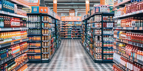 supermarket aisles full of products, 