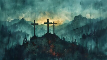 Post-Apocalyptic Crosses on Hilltop Painting - obrazy, fototapety, plakaty