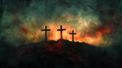 Four Crosses on a Fiery Hill - obrazy, fototapety, plakaty