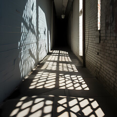 Abstract patterns of light and shadow in an alley 