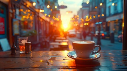 A Coffee Cup on a City Table at Sunset - obrazy, fototapety, plakaty