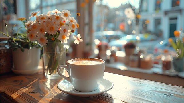 Coffee on a Wooden Table with Flowers in a Light-Filled Scene