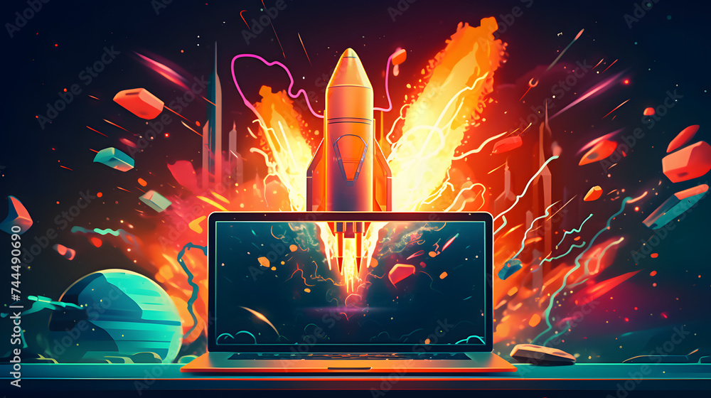 Poster explosion of the new ecommerce program with an open laptop and rocket ship flying over it – photo