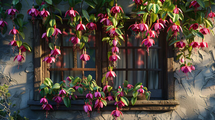 Fototapeta na wymiar images of Fuchsia blooms adorning window boxes with architectural charm. 