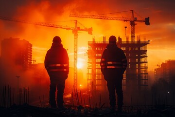 young construction workers looking over construction site and holding tablet at sunrise, in the style of reinforced concrete construction