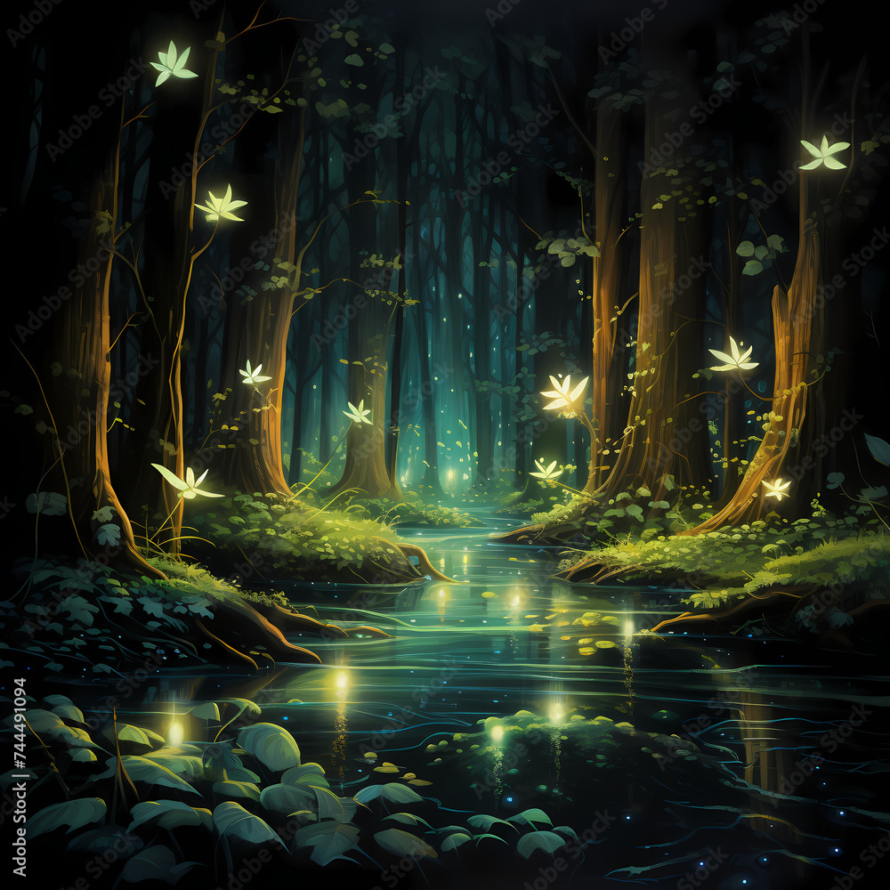 Poster bioluminescent fireflies in a dark forest.