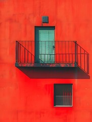 Obraz premium Minimalist Red Wall with Balcony in Modern Architecture