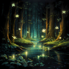 Bioluminescent fireflies in a dark forest.