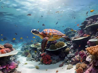 Fototapeta premium Turtle swimming in a coral reef 