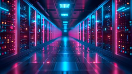 Fototapeta premium Data Center with Bright Neon Lights